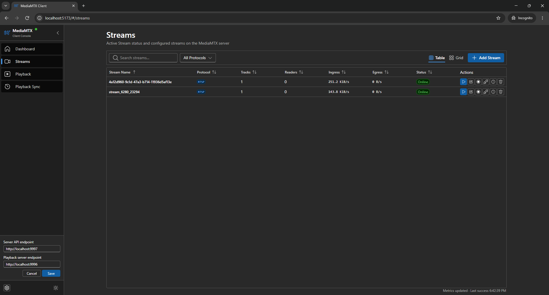 Streams table with search, protocol filter, status, recording badges, metrics, and row actions