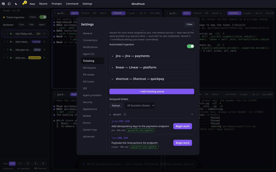 MindFlock demo — a Jira issue and a Linear issue assigned to you, then that Jira issue becoming a running AI coding session on its own git worktree with nothing typed, alongside four other ticket-born sessions in different states