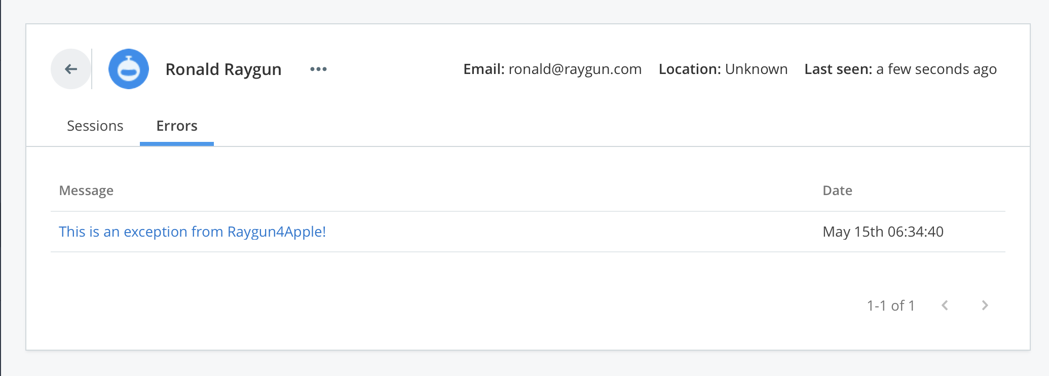 Screenshot showing affected users in the Raygun Crash Reporting Dashboard