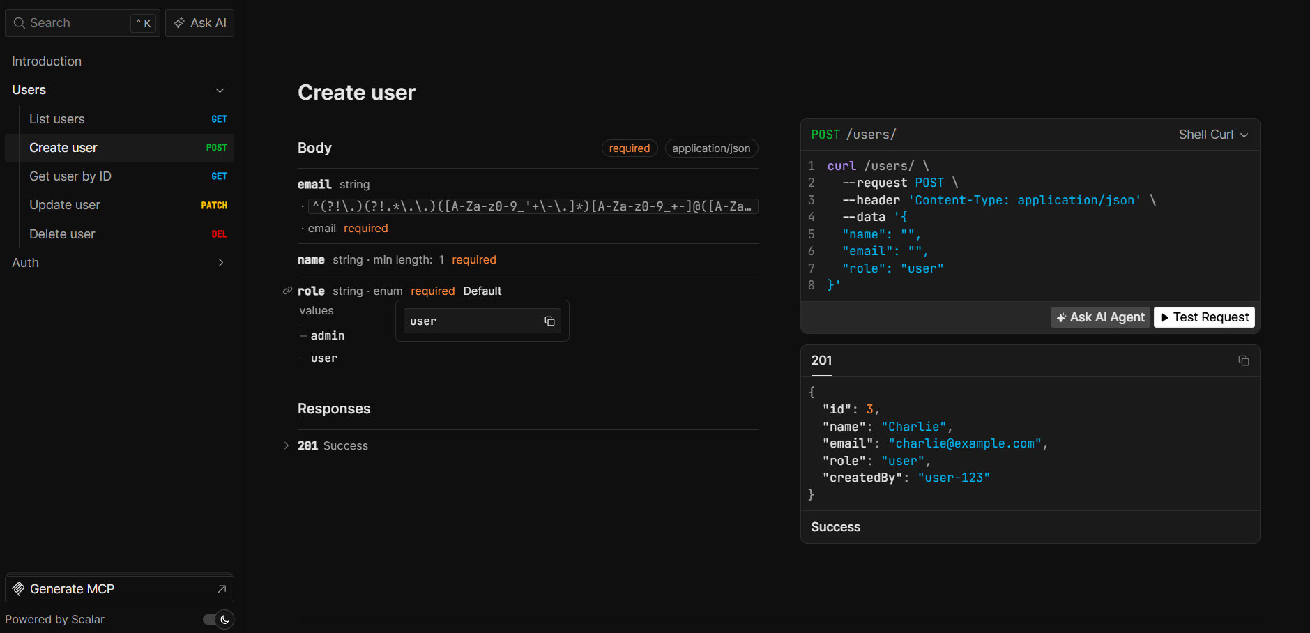 Scalar UI showing typed routes with request body schemas, enum values, and live response examples