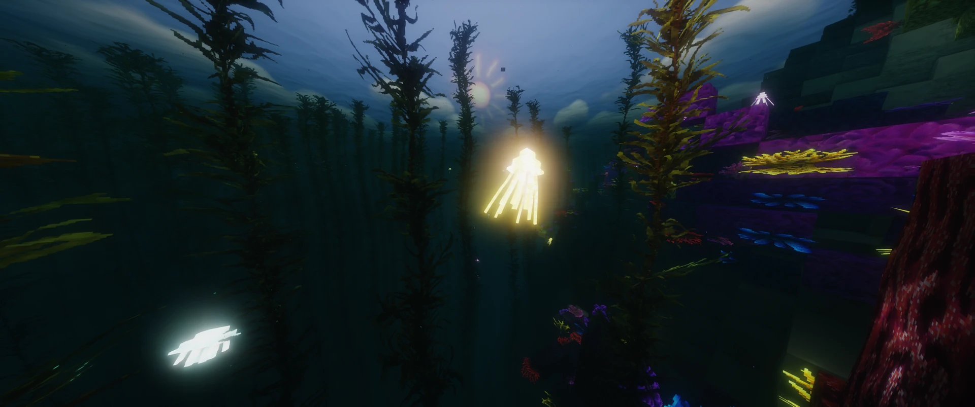 Glowing jellyfish in kelp and coral