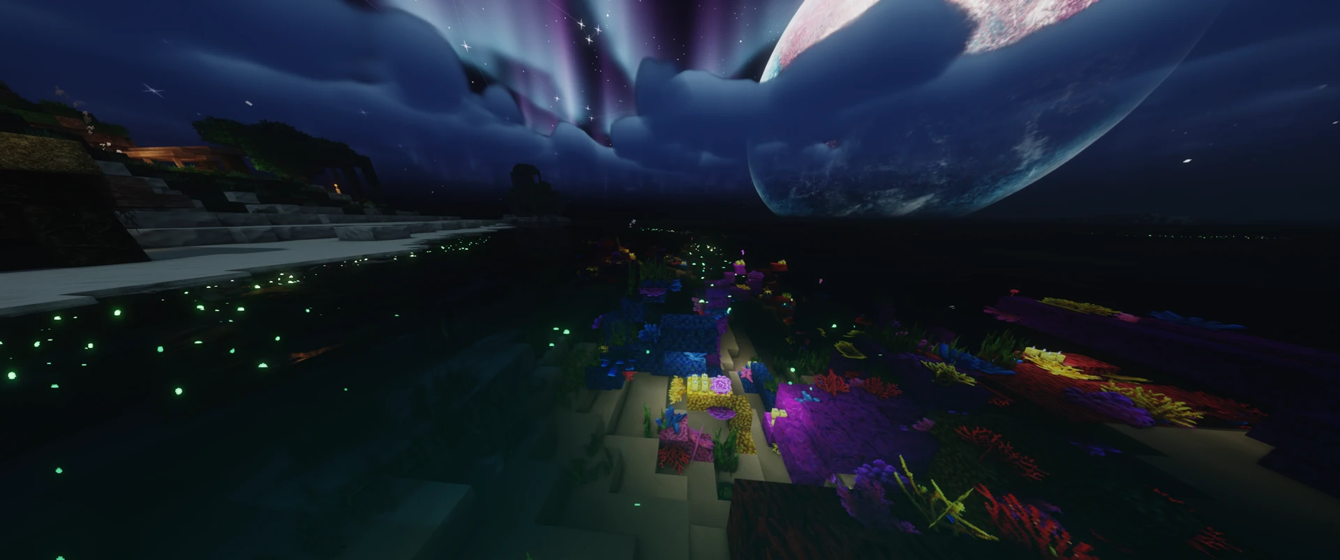 A reef under the moon at night
