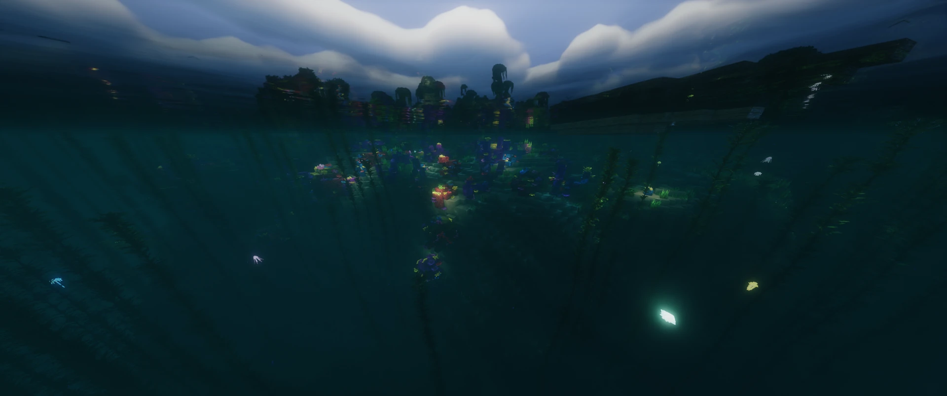 A reef from just under the surface with an island above