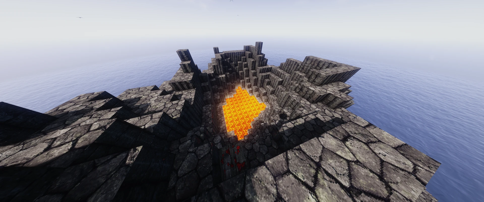 A lava-filled volcanic crater