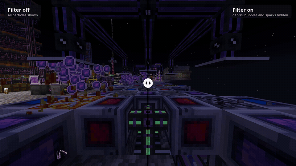 Before and after: a crystal farm with all particles shown, then with its debris, bubbles and sparks hidden