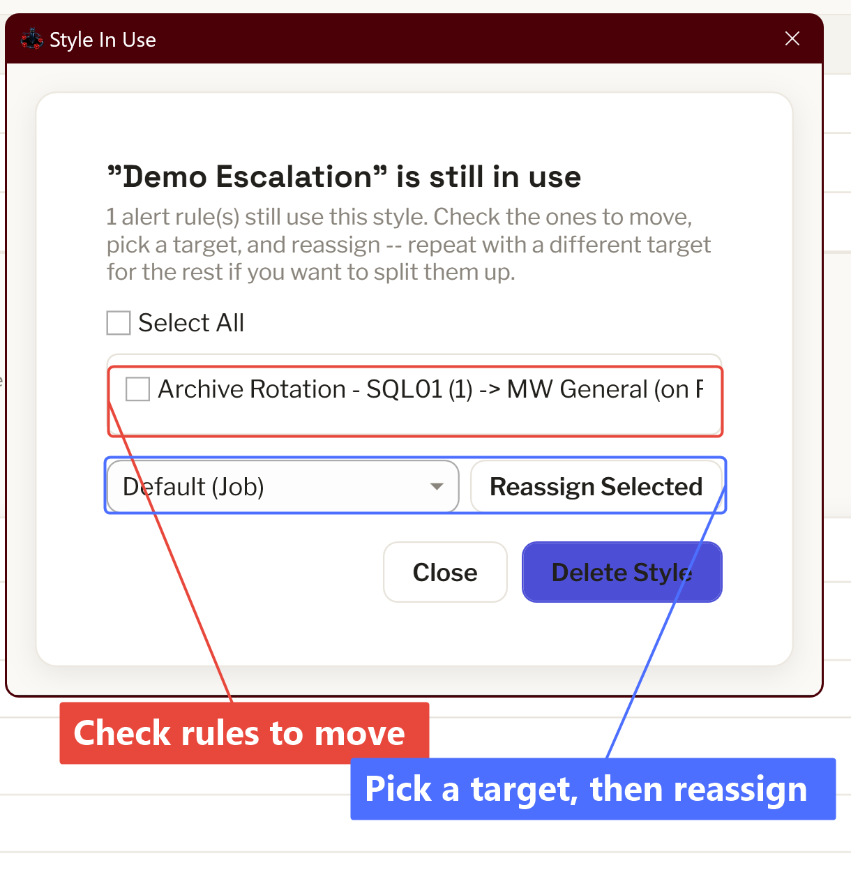The Style In Use dialog: check rules to move, then pick a target and reassign