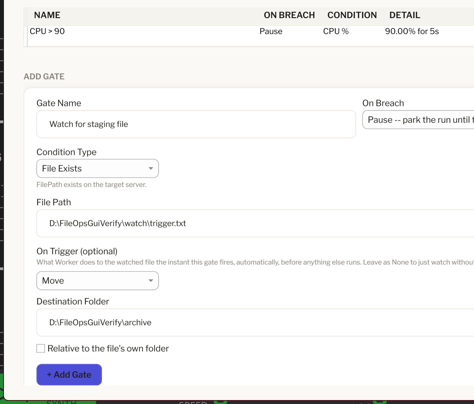 The Add Gate form: File Path plus the On Trigger section