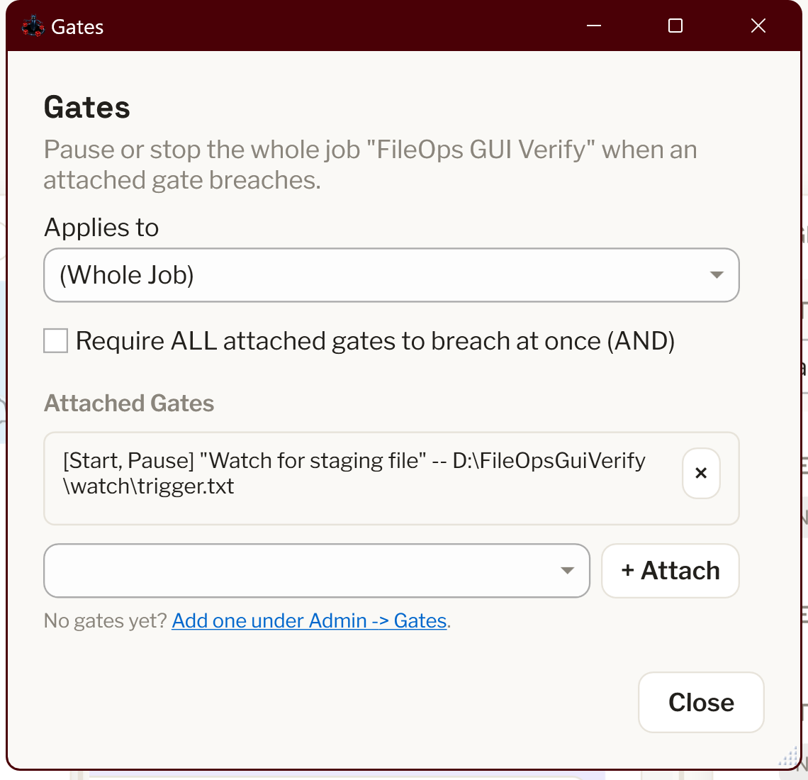 The attached-gates list showing a gate attached with Start scope