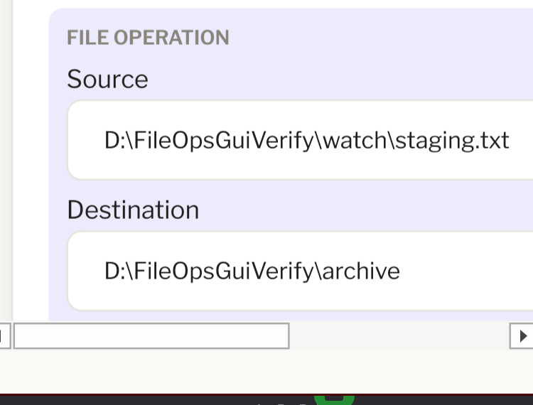 The File Operation panel: Source, Destination, and the fields specific to this operation