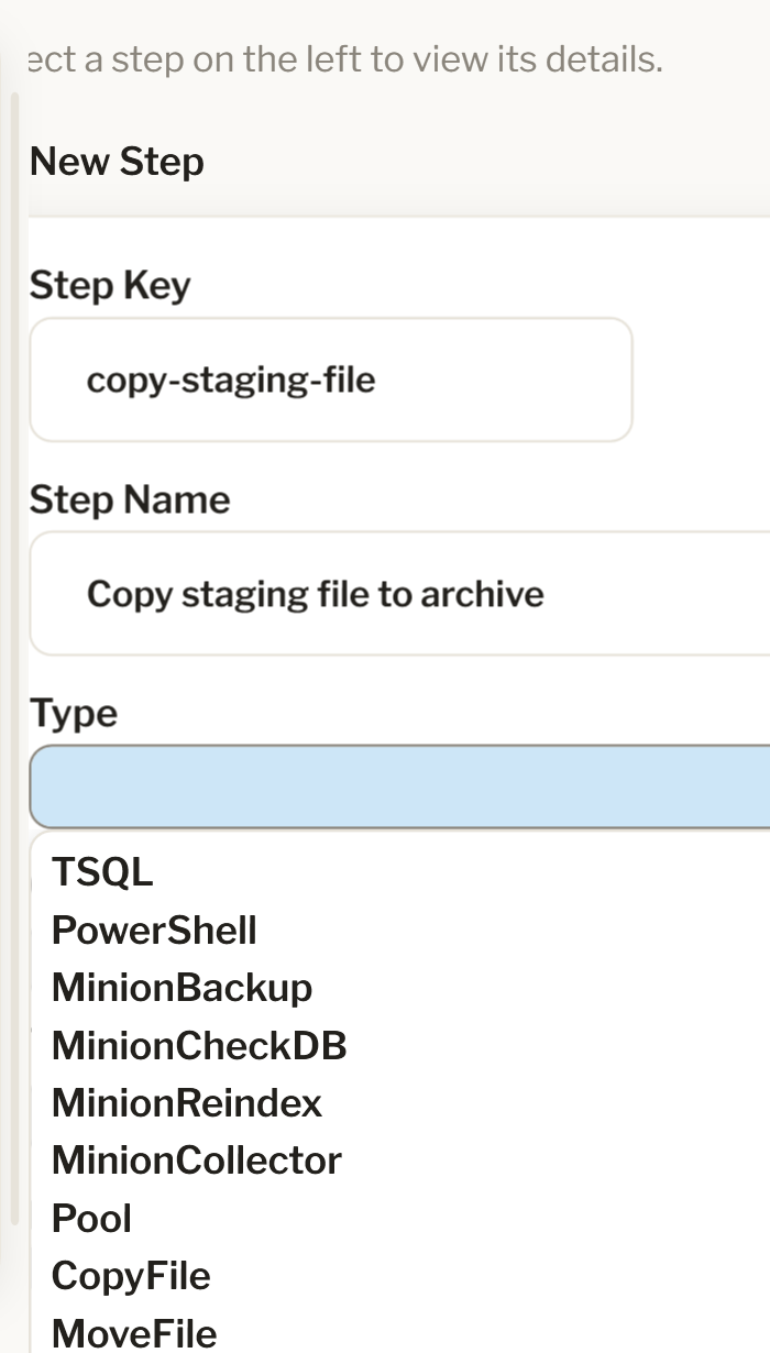 The Type picker showing the file-op step types