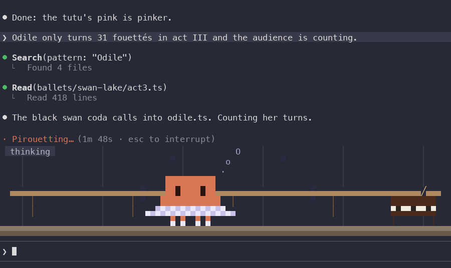 Live mode mid-request in Claude Code: Claude fixes Odile's missing 32nd fouetté while Clawd dances a move for each tool call, labelled with what set it off