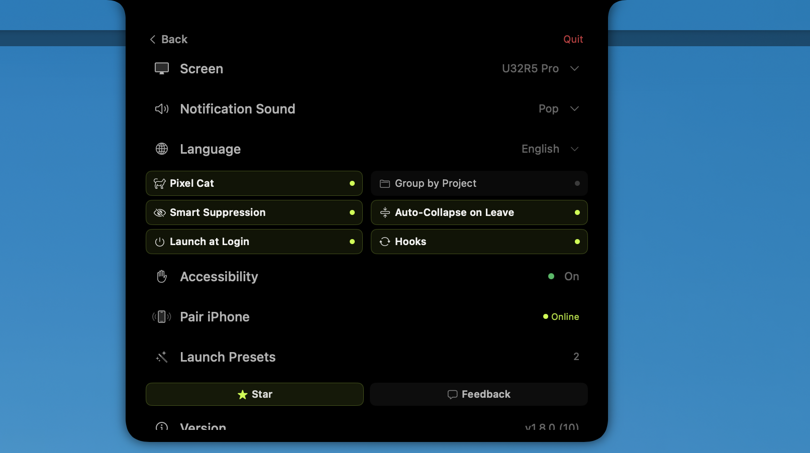 MioIsland settings menu — Screen / Notification Sound / Language pickers, Pixel Cat / Smart Suppression / Auto-Collapse / Hooks toggles, Pair iPhone Online status, Launch Presets entry