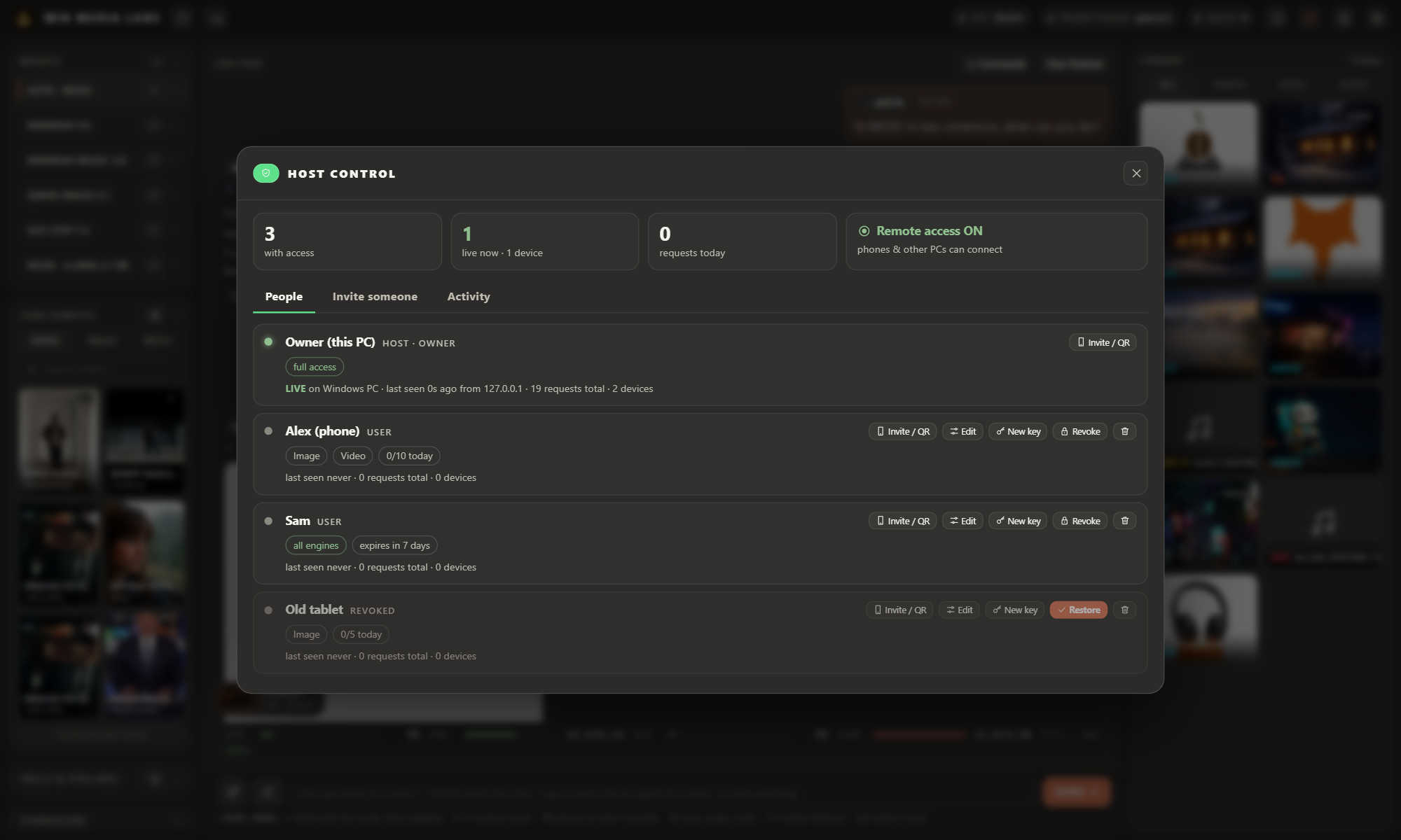 Host Control panel: people, permissions, limits, revoke and restore