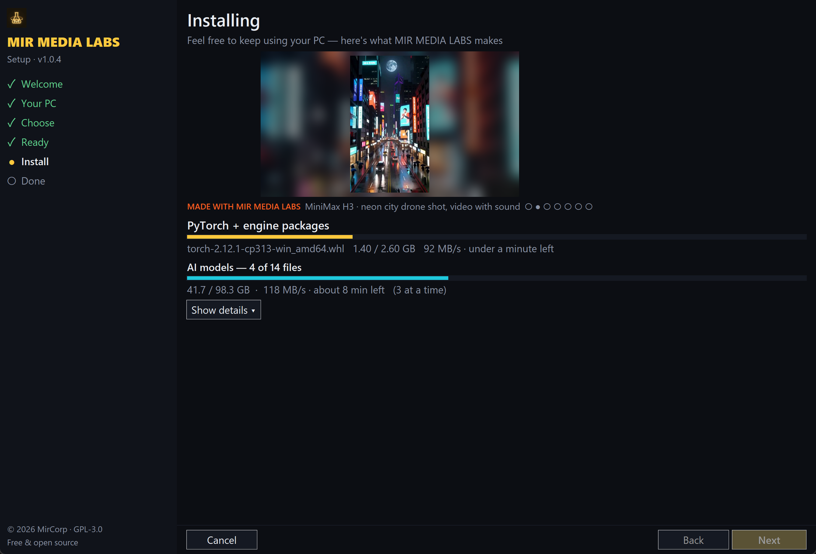 Setup wizard: installing, with parallel model downloads