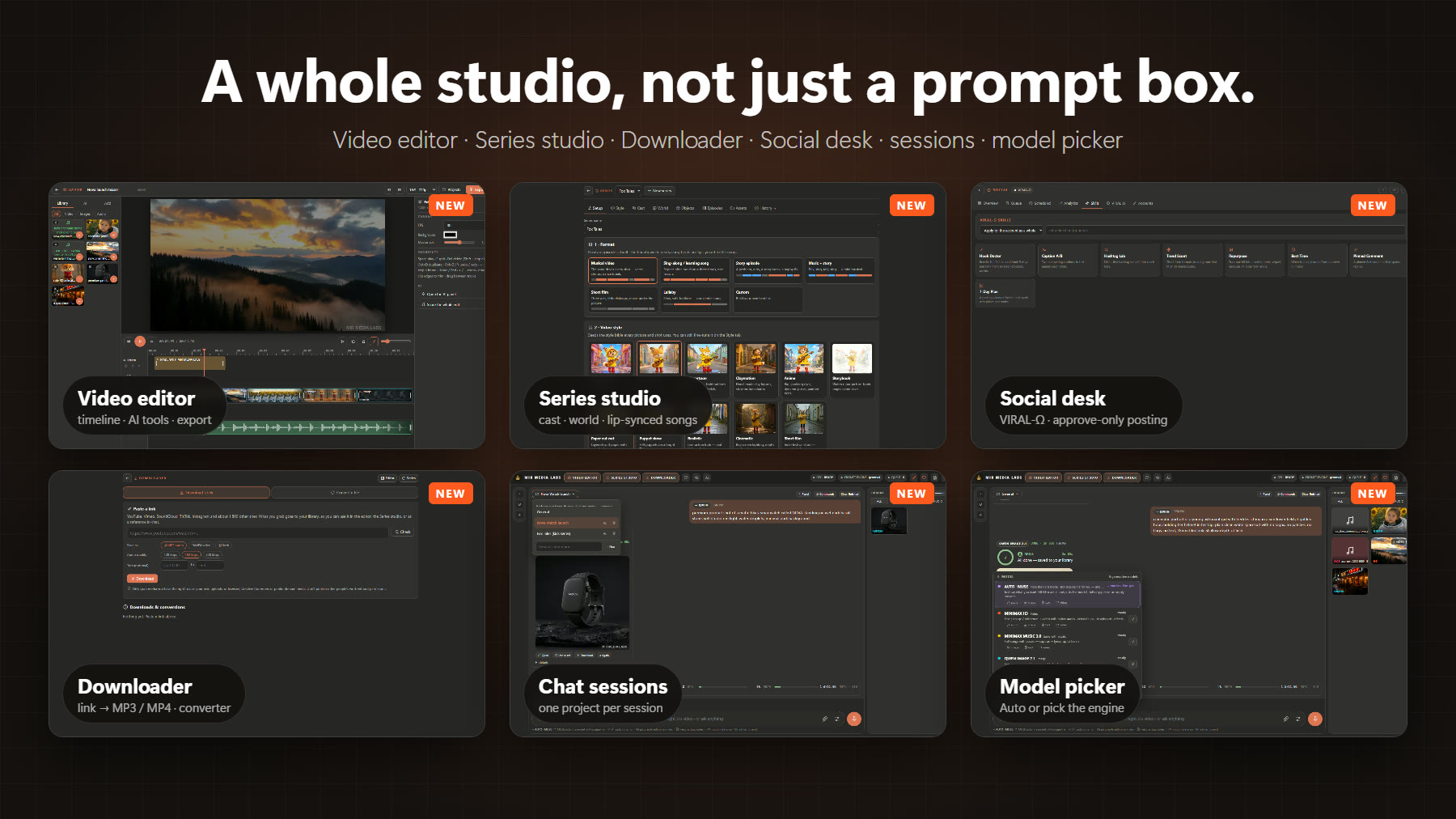 New in MML: Video editor, Series studio, Downloader, Social desk, chat sessions and the model picker