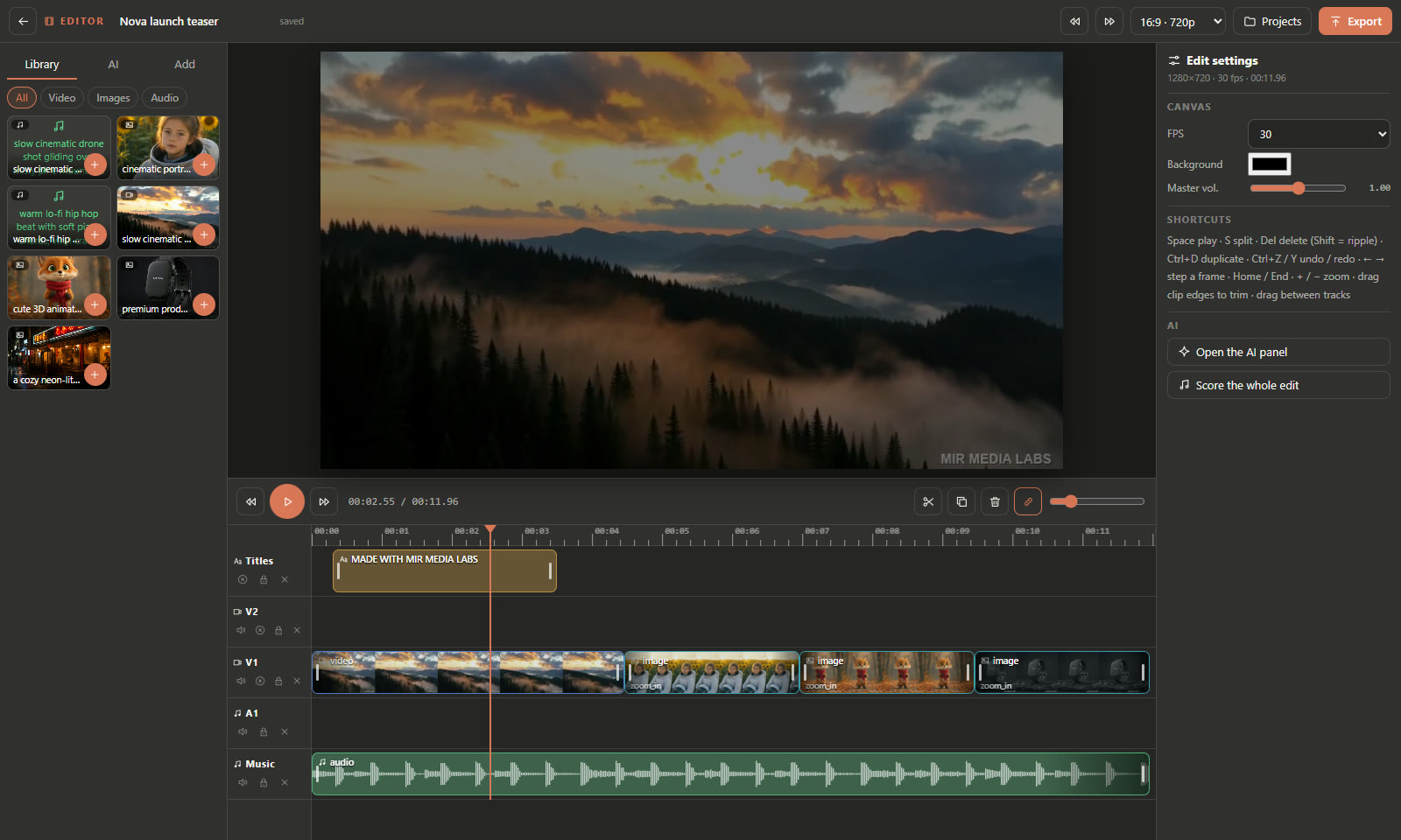 Video editor: timeline with video and audio tracks
