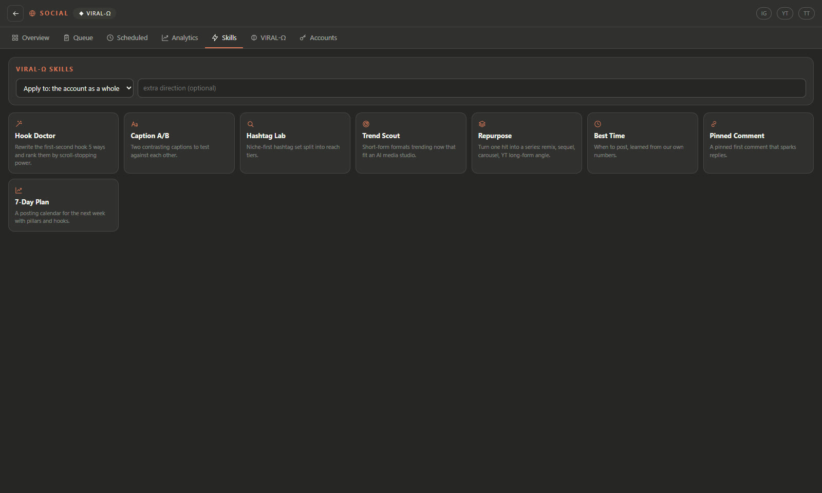 Social desk: overview, queue and the VIRAL-Omega agent