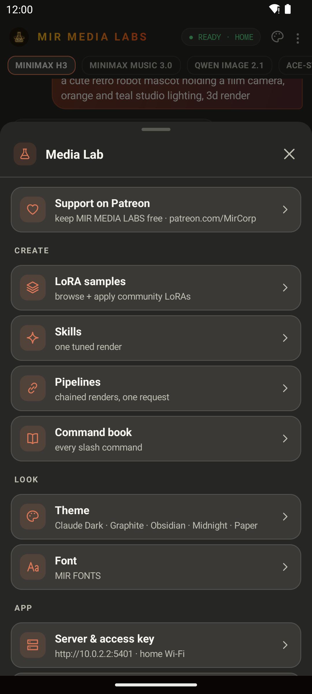 Phone: menu with Patreon, skills and themes