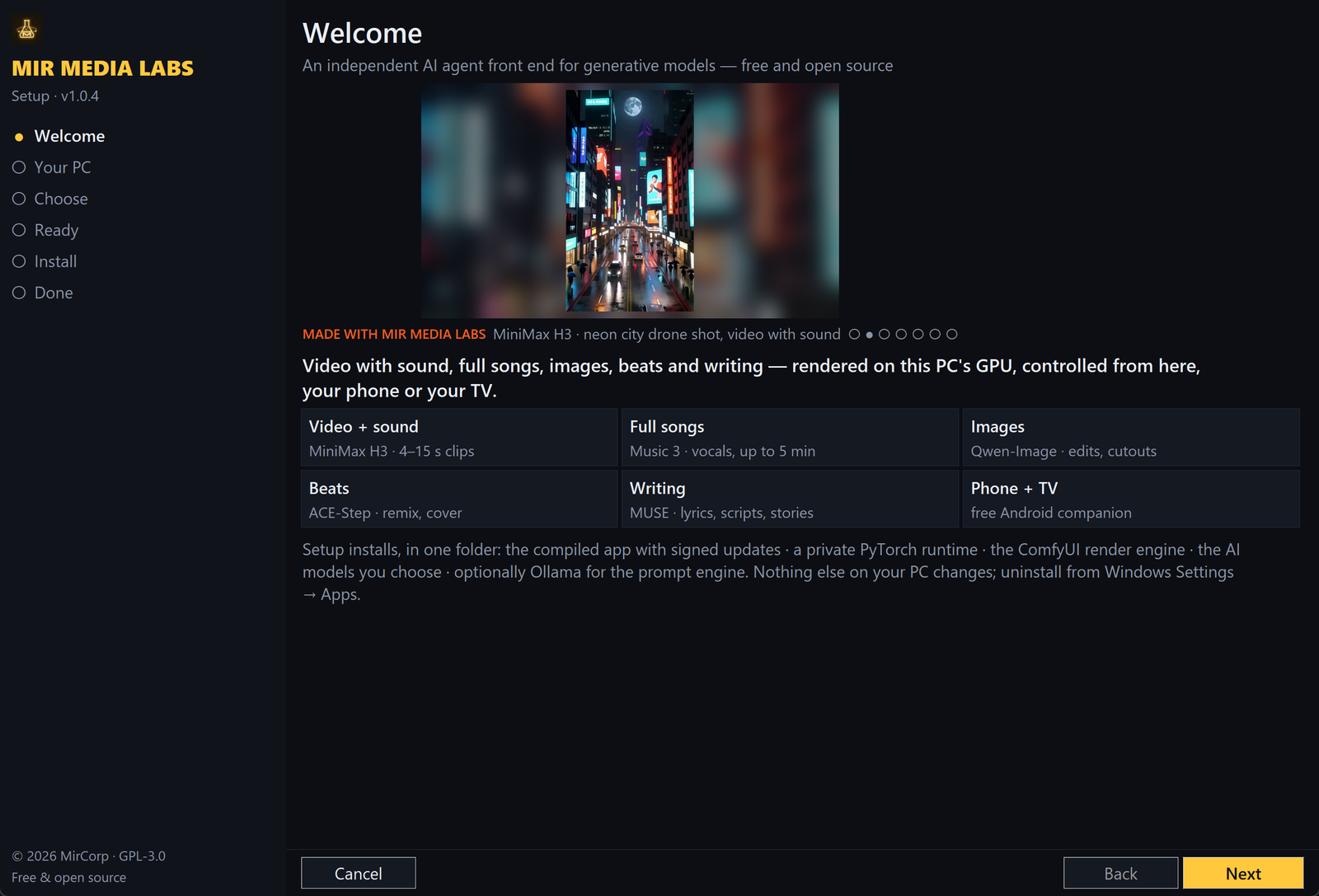 Setup wizard: welcome page with the render showcase