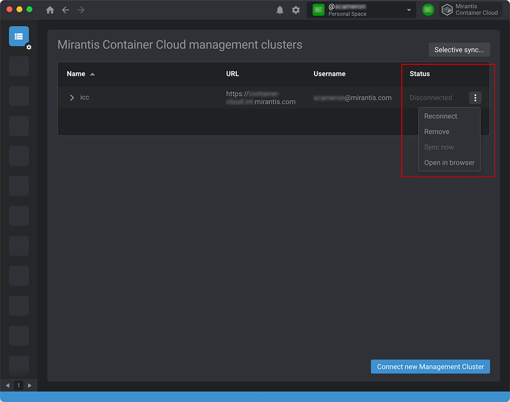 Management cluster context menu