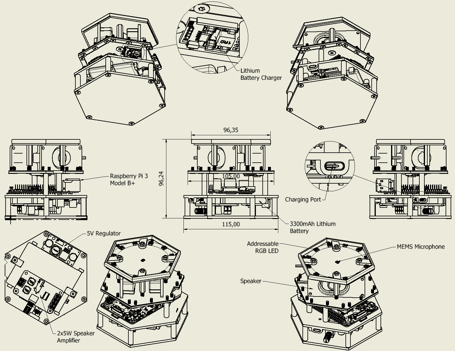 Exploded CAD drawing of the device with labelled components