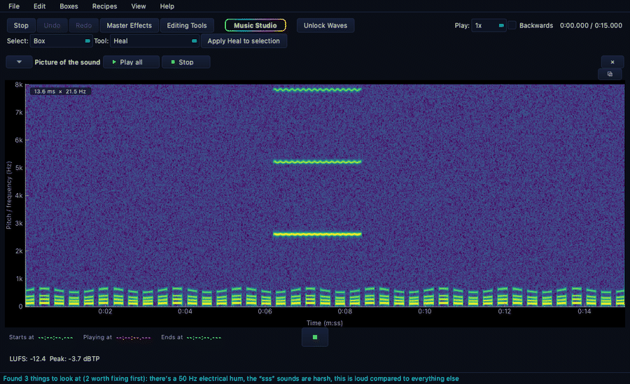Claude boxes a phone buzz on the spectrogram and heals it — the bars vanish, the voice stays
