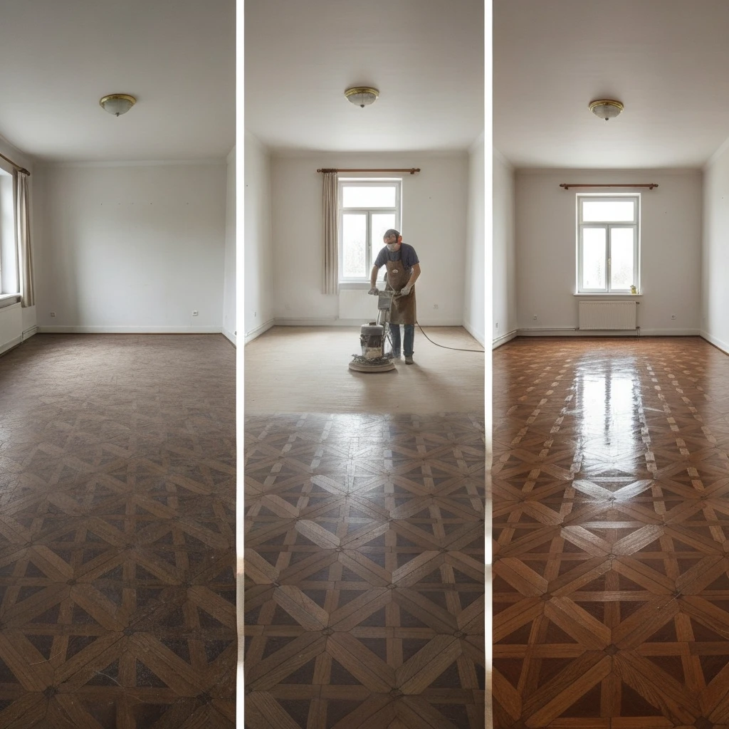 Восстановление паркета до и после