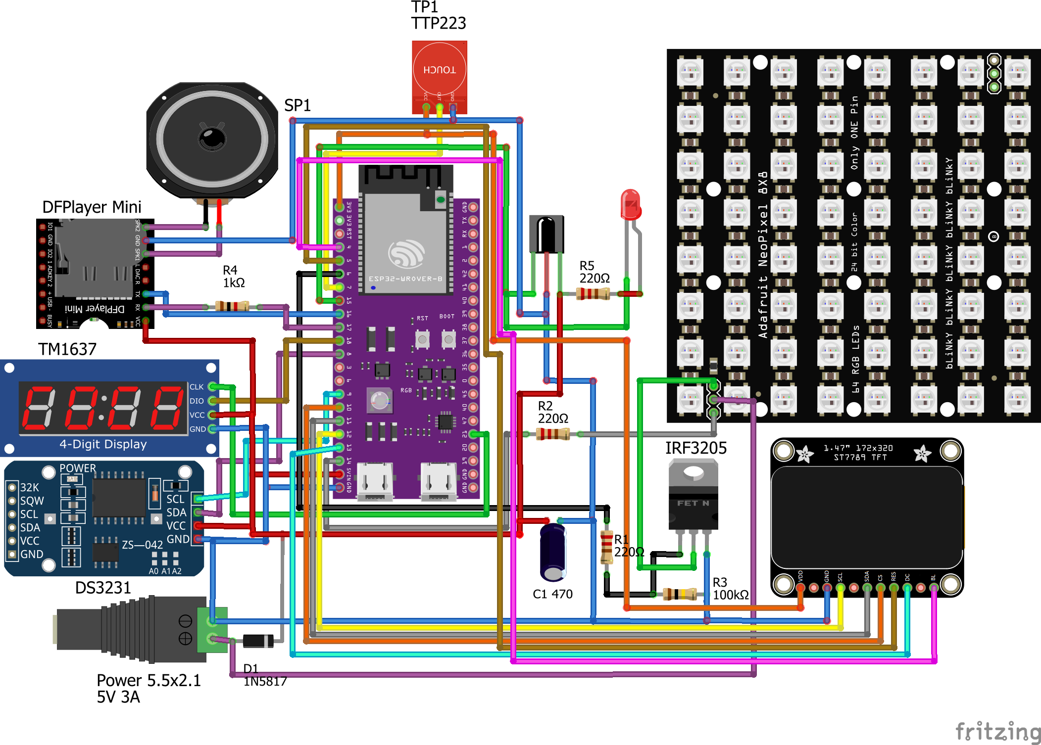 Схема подключения FieryLedLamp на ESP32-S3