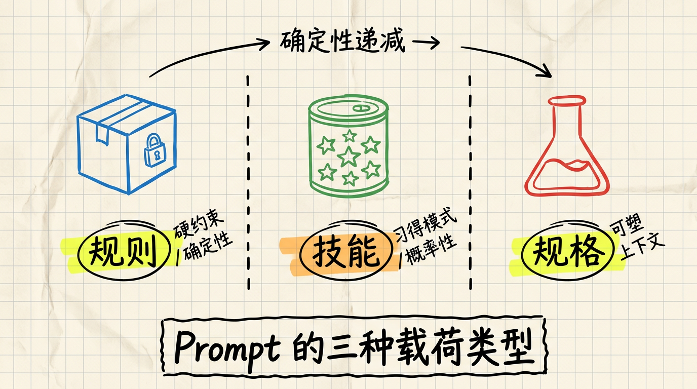 Prompt 三种载荷类型：规则（确定性）、技能（概率性）、规格（可塑上下文）