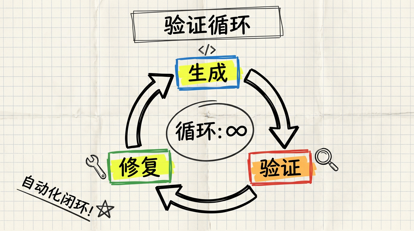 验证闭环：生成 → 验证 → 修复，自动化闭环