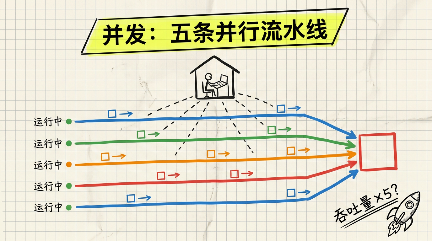 并发：五条并行流水线，吞吐量 ×5