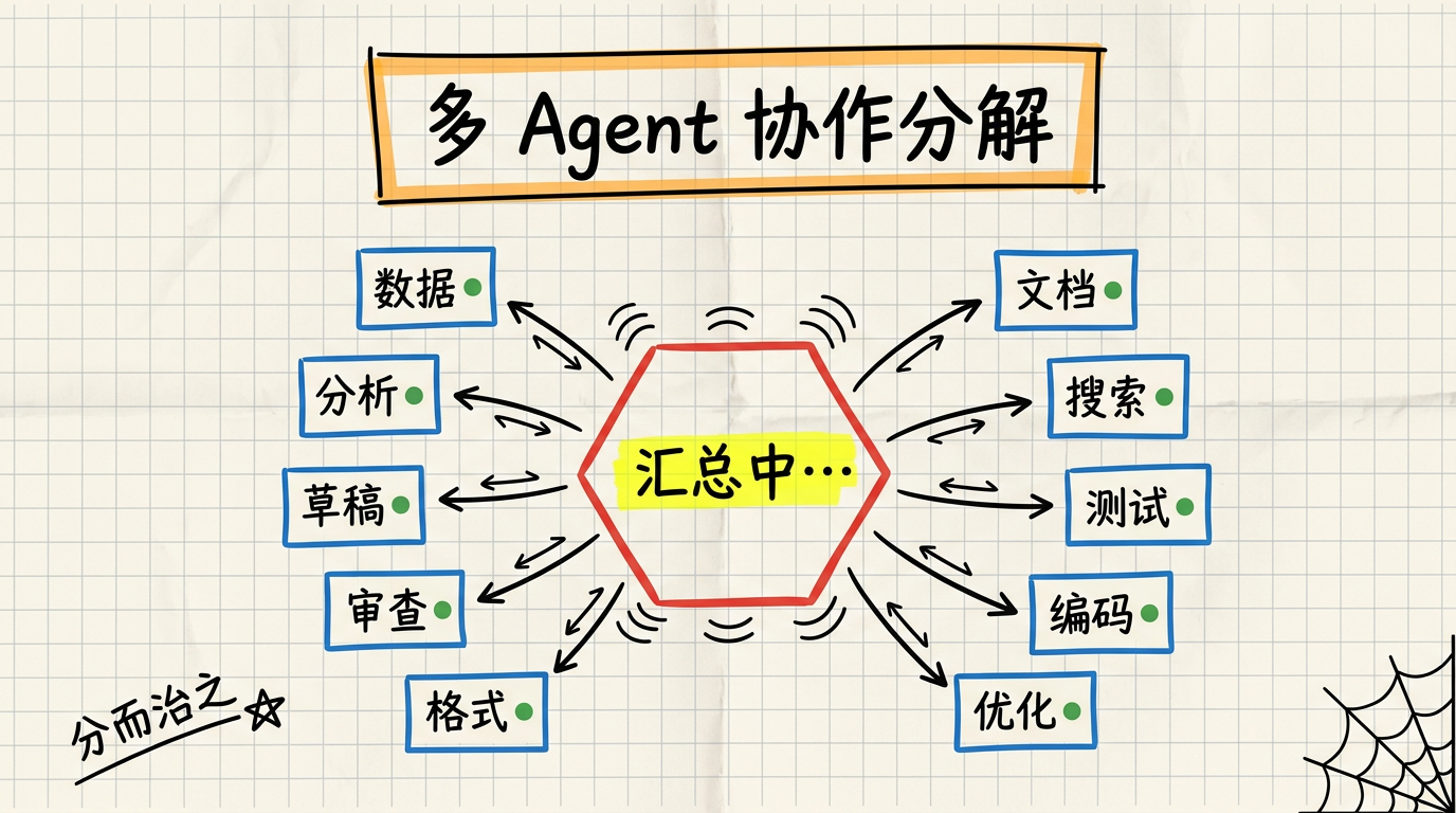 多 Agent 协作分解：分而治之，主 Agent 聚合交叉验证