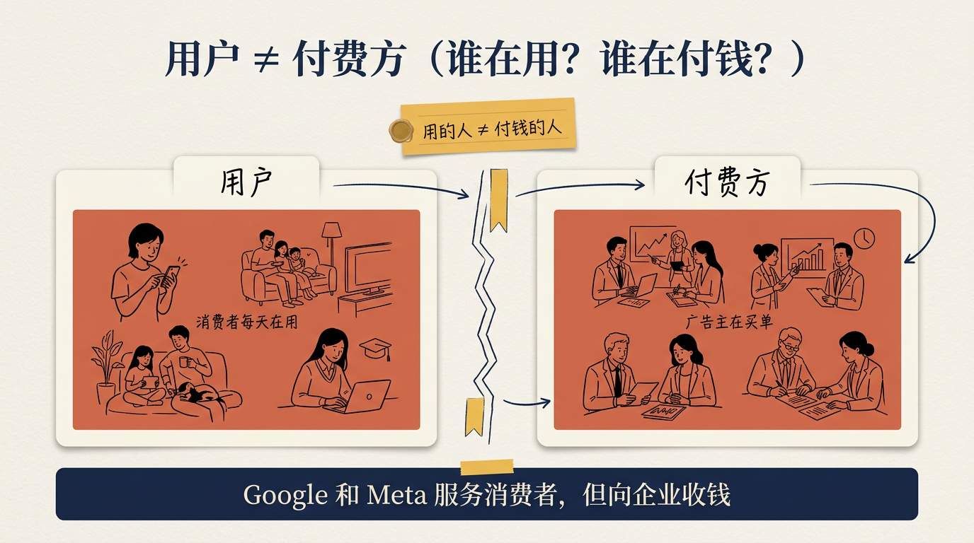 用户 ≠ 付费方:谁在用?谁在付钱?Google 和 Meta 服务消费者,但向企业收钱