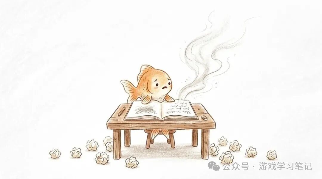 金鱼在桌前焦虑地翻书,纸团满地——大模型认知过载的隐喻