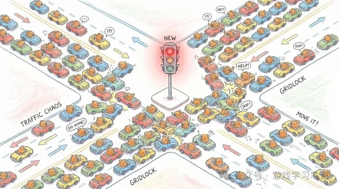交通十字路口完全堵死——多 Agent 并发失控的隐喻