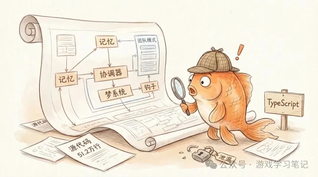 金鱼侦探用放大镜审视 51.2 万行源码的架构图——记忆、协调器、梦系统、钩子、团队模式