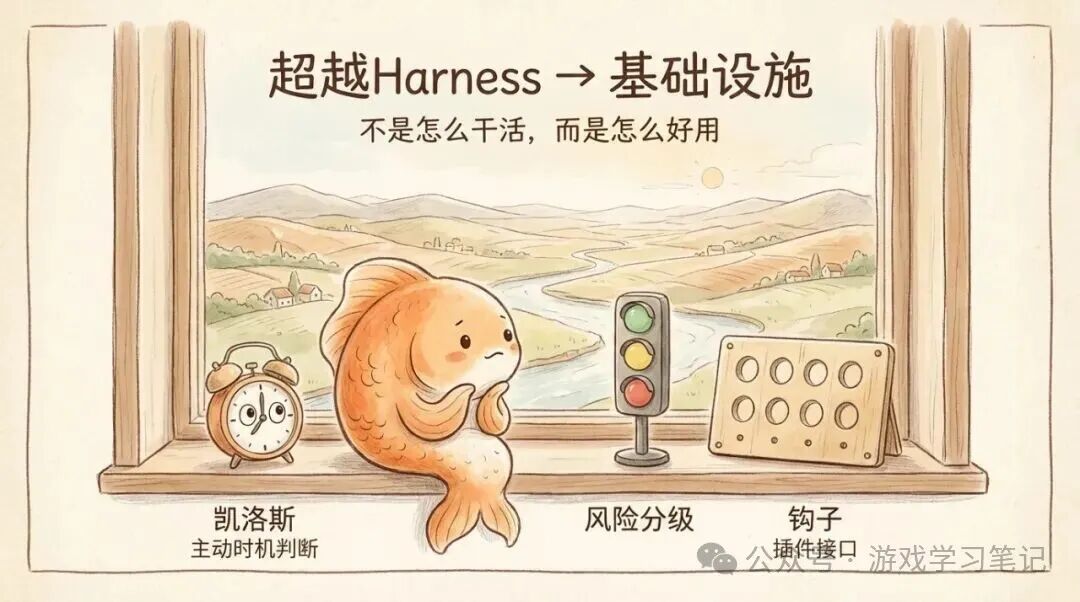 窗台三件套:凯洛斯(主动时机判断)、风险分级、钩子插件接口——不是怎么干活,而是怎么好用