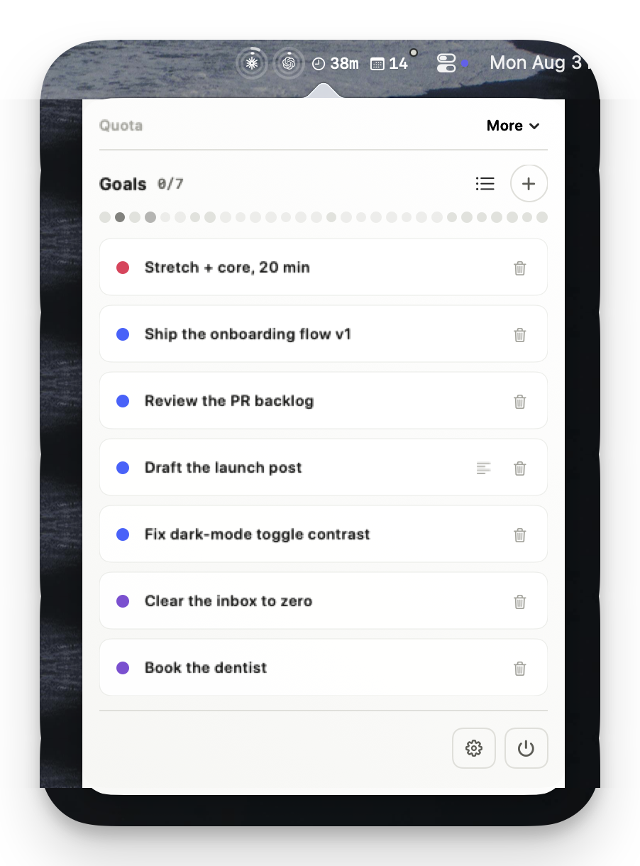 Goals panel: today's goals grouped by tag with completion dots