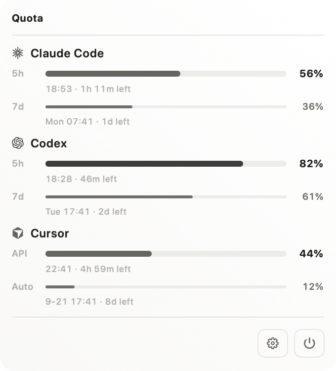 Kaji in the menu bar: Claude Code and Codex quota with 5h and 7d windows