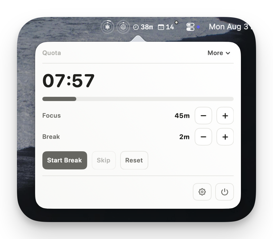 Work panel: 07:57 remaining, 45m focus / 2m break, start break and reset controls