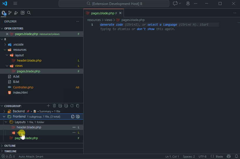 CodeGroup in VS Code after setup: Backend and Frontend groups, a nested Layouts subgroup, and bookmarked files alongside the Explorer tree