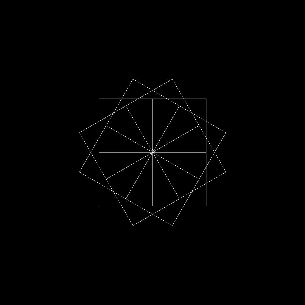 A flower of twelve squares drawn by the turtle on the emulated Type 340 display