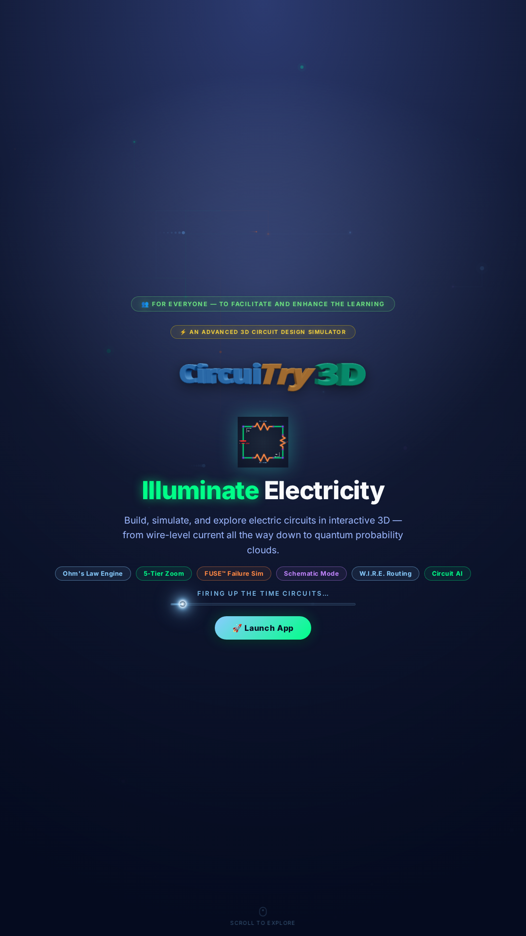 CircuiTry3D app welcome screen with a circuit visual and launch button