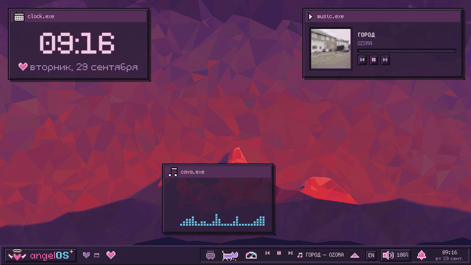 angelOS desktop: workspaces, windows, light and dark themes, flavours