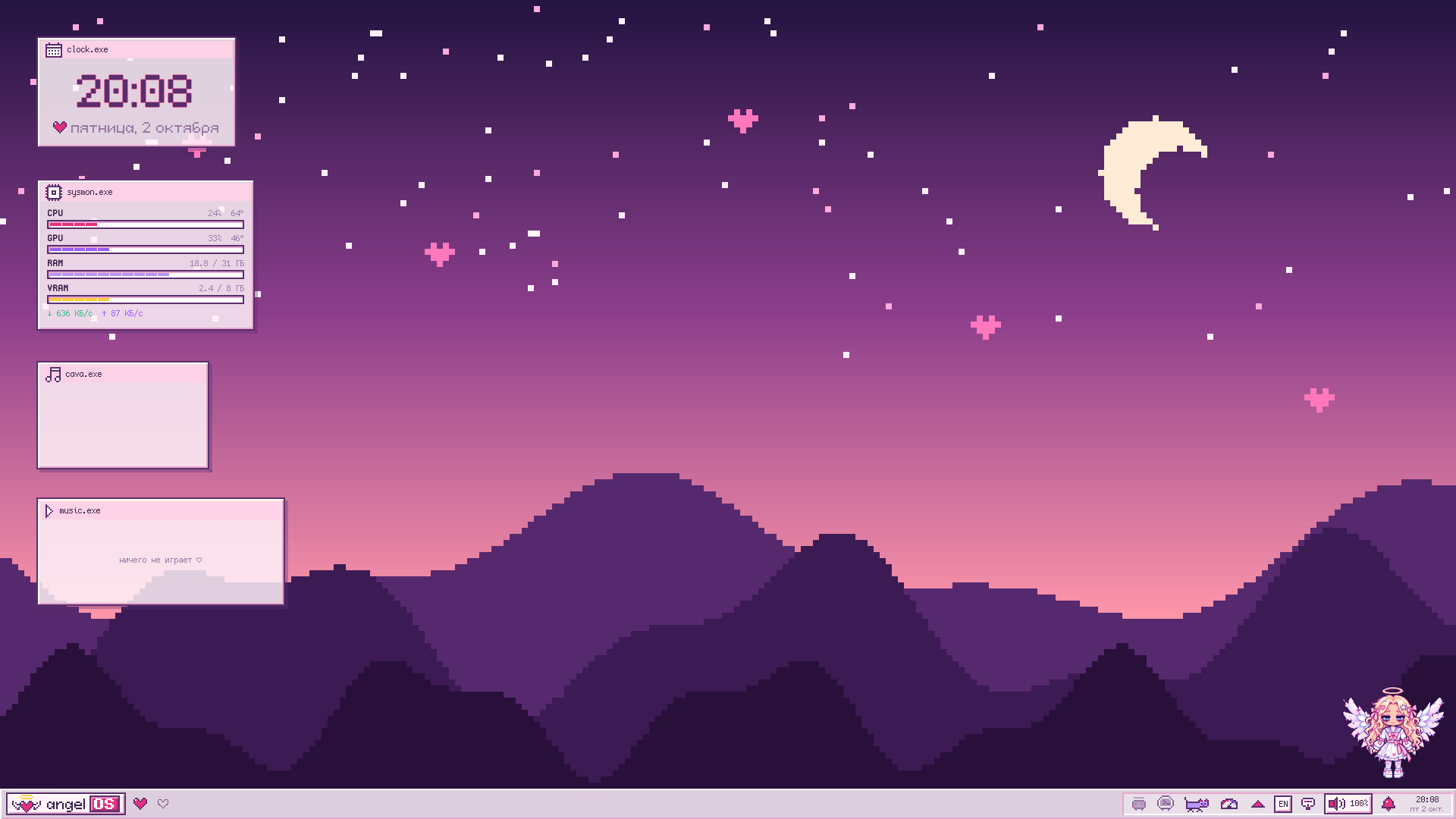angelOS light theme: the same desktop in pastel angel colours
