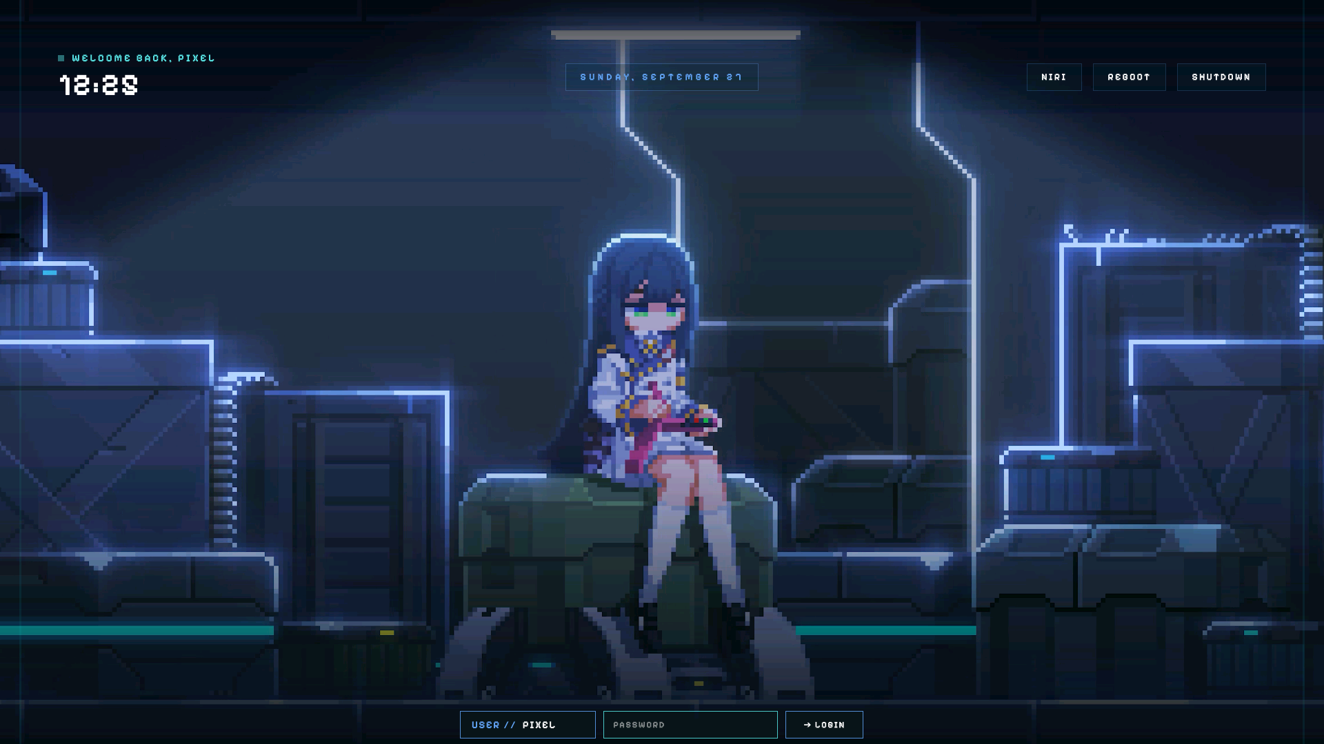 SDDM login screen with the pixel-cyberpunk theme