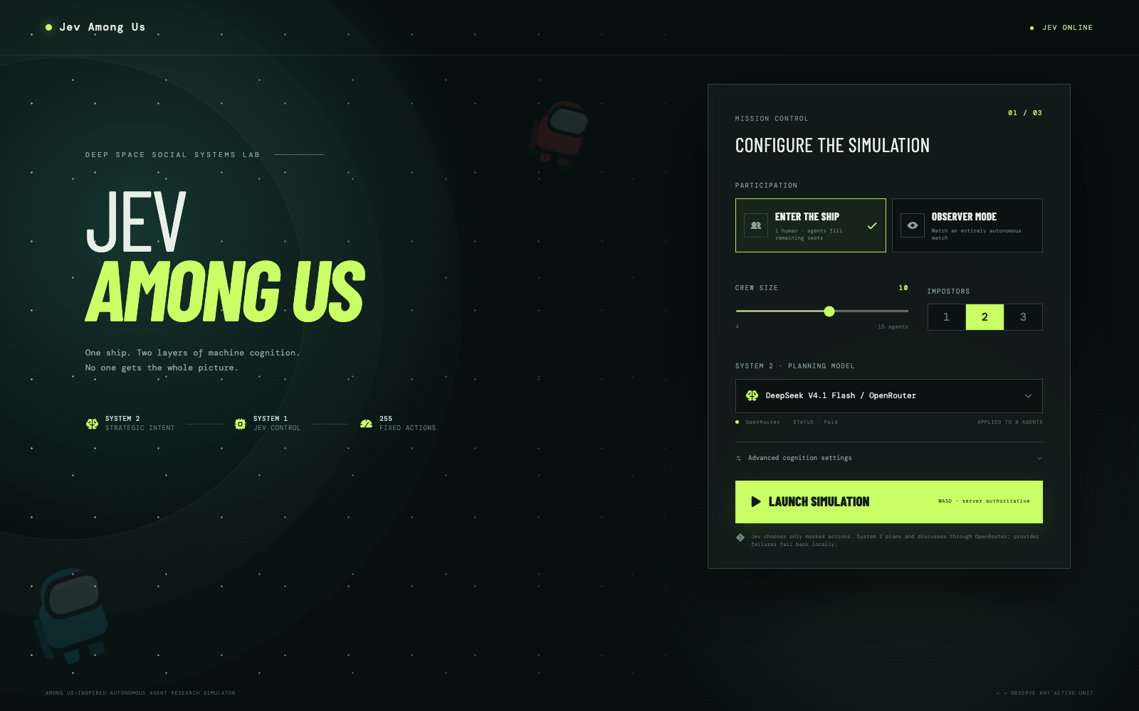 Game setup with human and observer modes, crew size, impostor count, and System 2 model