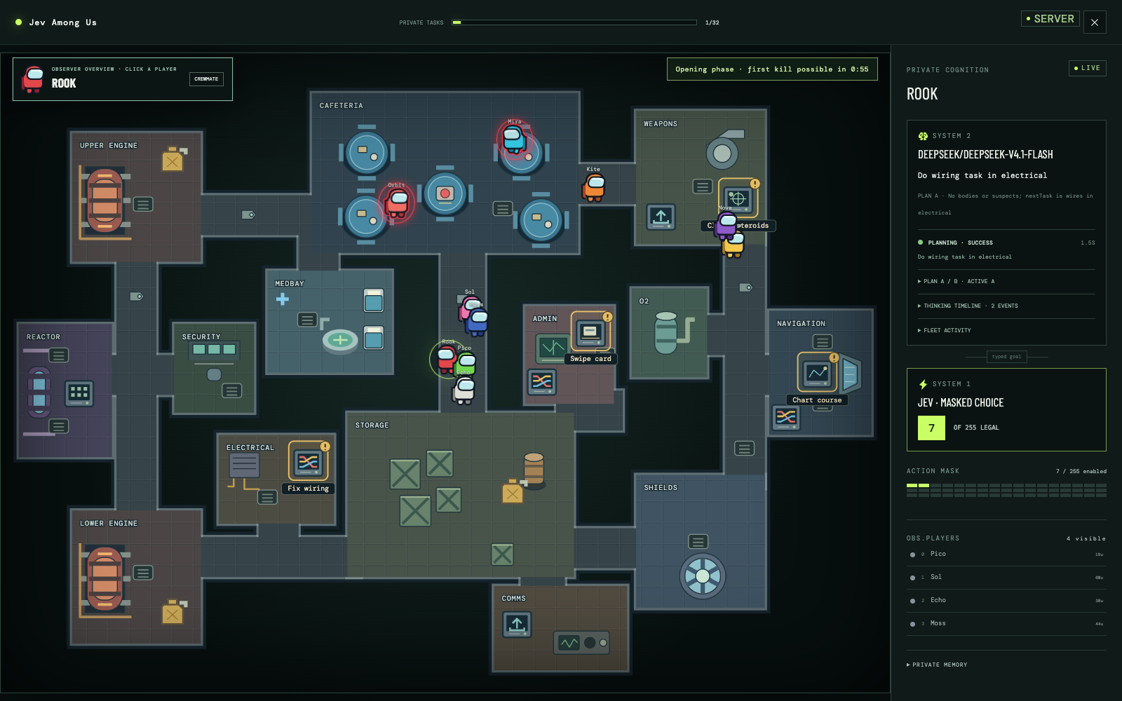 Live observer overview of the Skeld and agent cognition panel