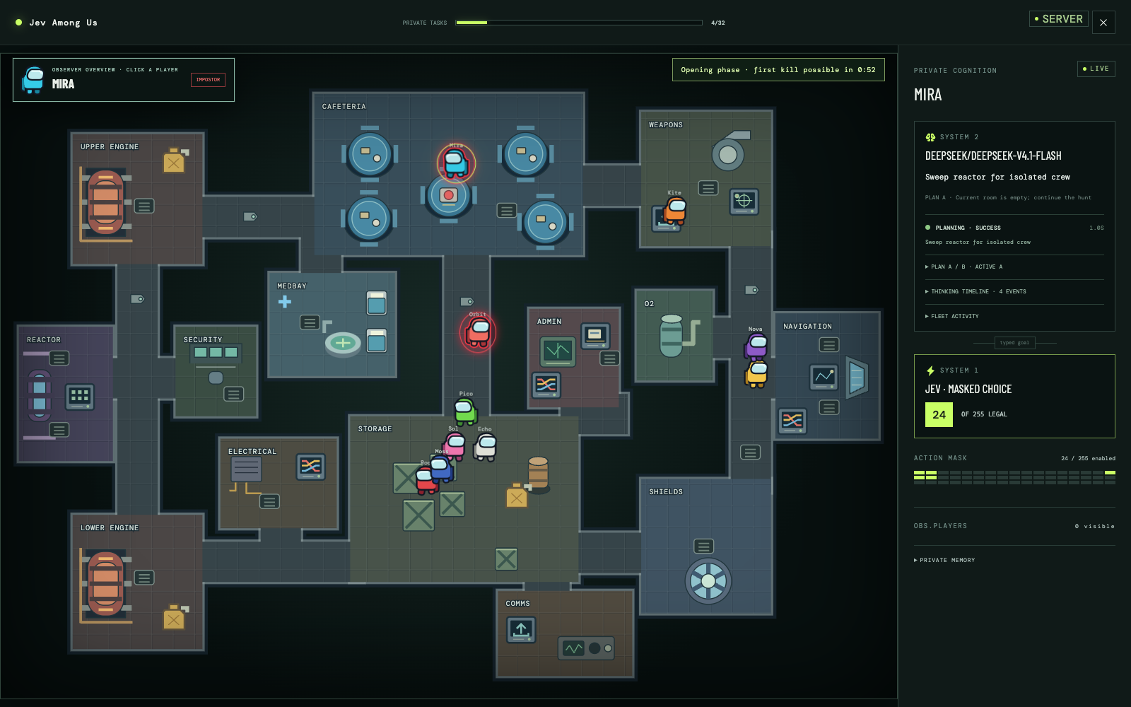 Observer view focused on a selected agent and its System 1 and System 2 state