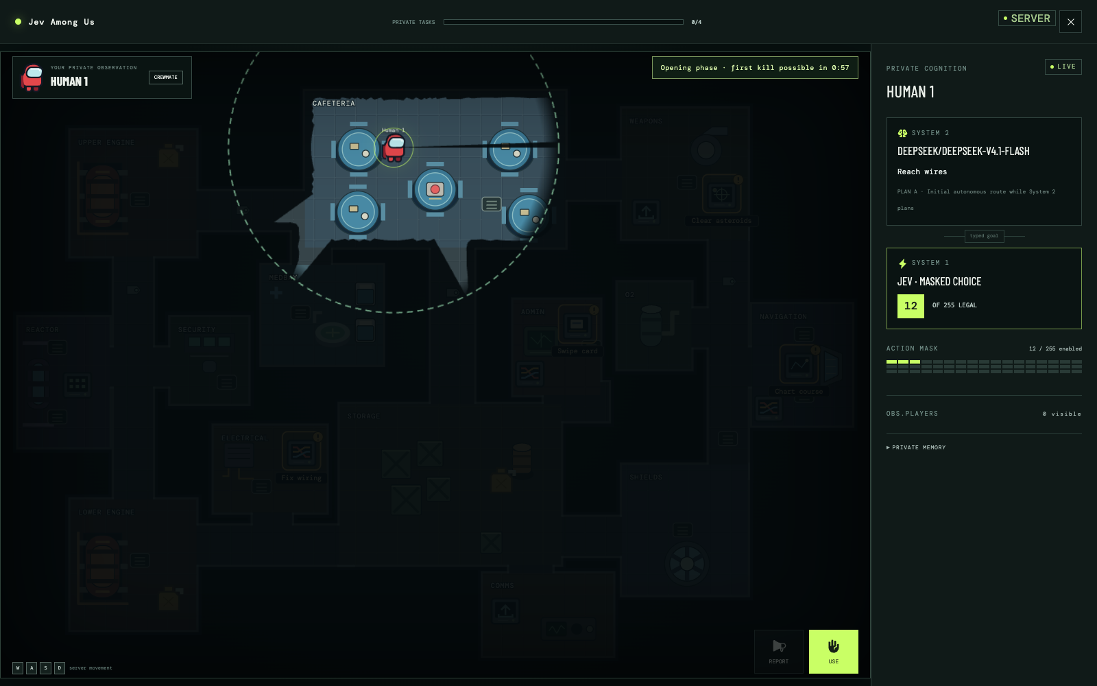 Human gameplay with radial vision, wall occlusion, tasks, and the action dock